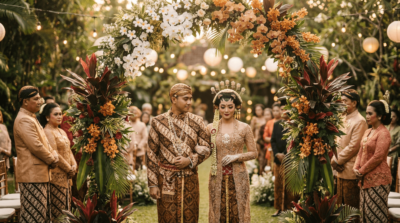 Traditional Javanese wedding ceremony with flowers and golden lighting
